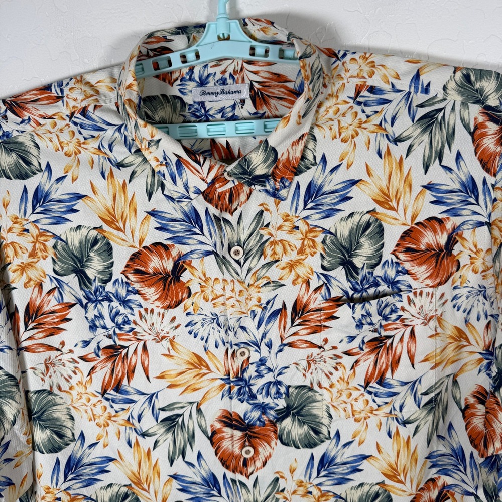 Tommy Bahama Shirt Mens 4XLT Beige Hawaiian Camp Silk Floral Colorful Beach